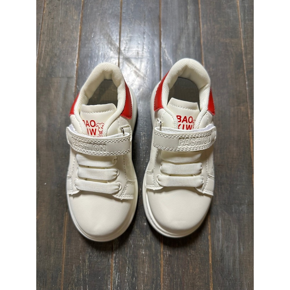 Bao Kids Fashion Sneakers White Red Hook‎ and Loop Strap Low Top Shoes